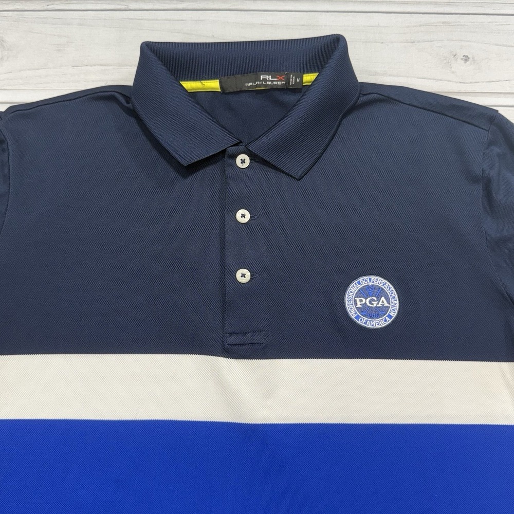 RLX Ralph Lauren Polo Shirt Mens M Blue Striped PGA Golf Lightweight Stretch